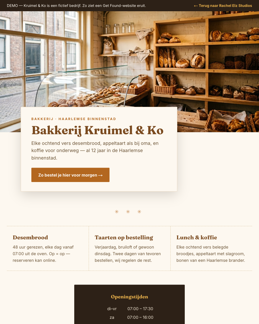 Example site for Bakkerij Kruimel & Ko: homepage with product range and opening hours