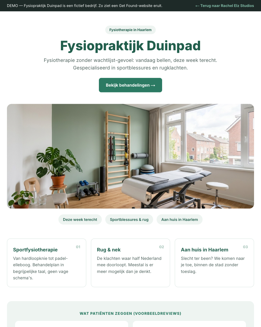 Example site for Fysiopraktijk Duinpad: homepage with treatments and reviews