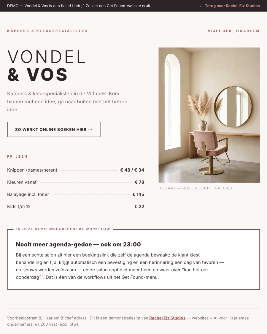 Example site for Salon Vondel & Vos: homepage with price list and booking button